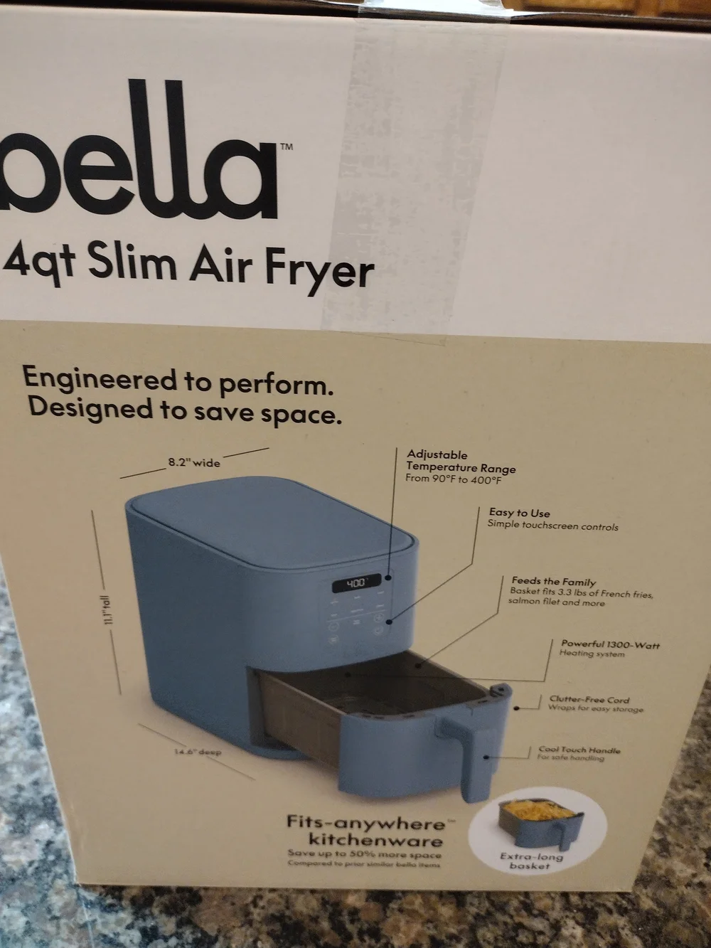 Bella 4qt Slim Air Fryer Surf ( Light Blue) new in box